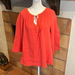 BeachLunchLounge Bright Coral/Orange Cotton Gauzy Long Sleeve Top, S!